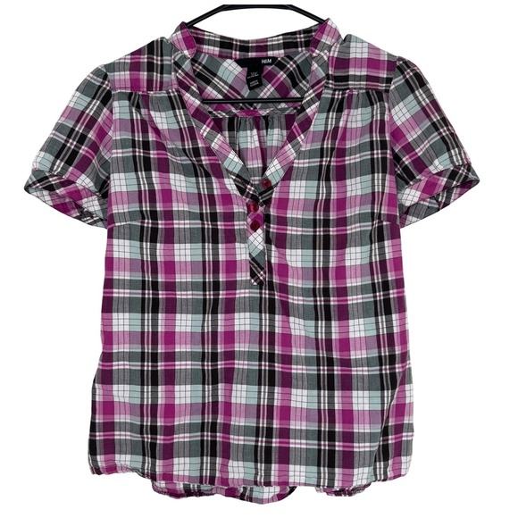 H&M Tops - H&M Pink Black White Plaid Y2K Short Sleeve V-Neck Preppy Blouse Women's Size 10